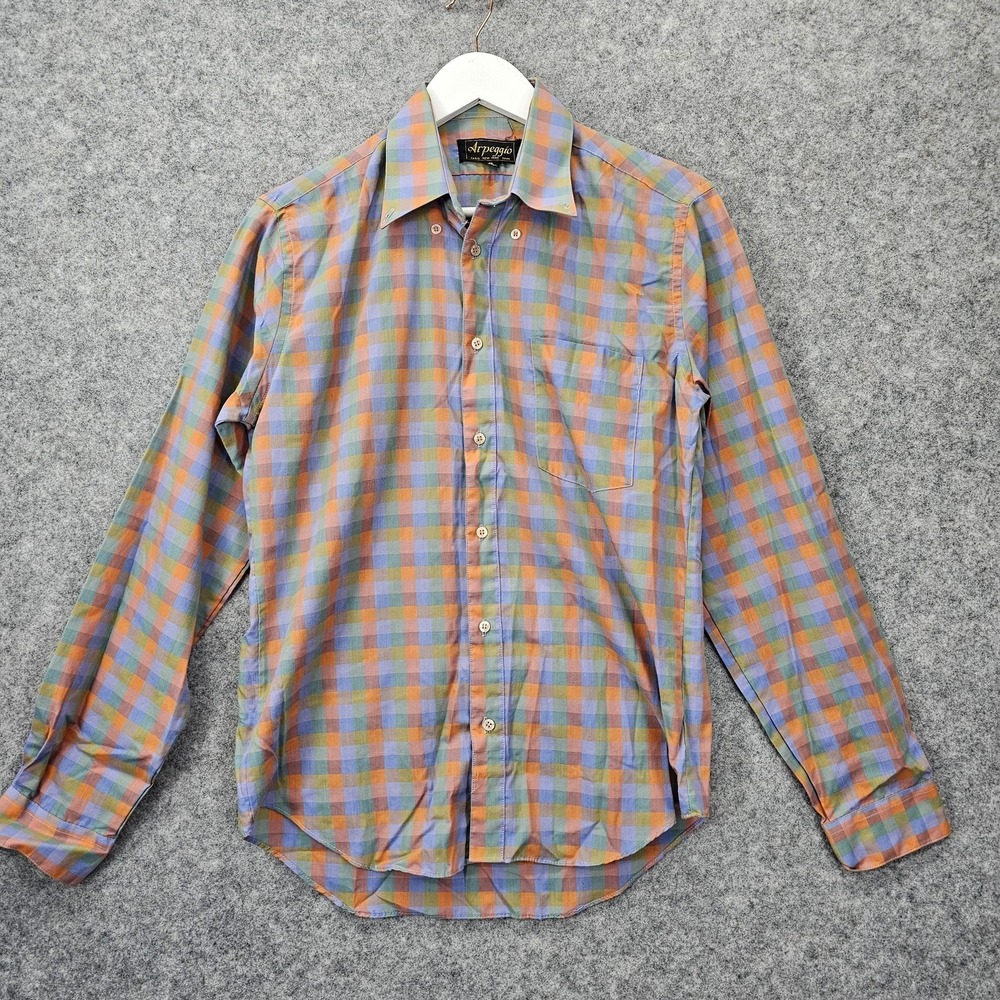 Vintage Arpeggio Shirt Mens Small Orange Blue Plaid Slim Button Down Retro 70s